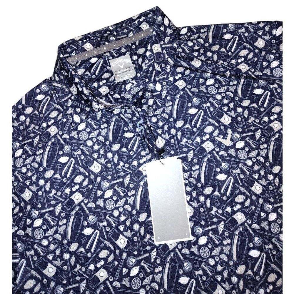 Callaway Opti-Dri Golf Polo Shirt All Over Print BBQ Grilling Men's Med Blue NWT